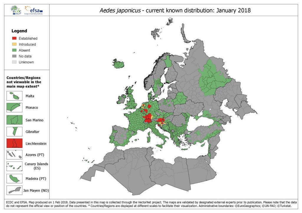 Distribution af Aedus japonicus myg i Europa, januar 2018